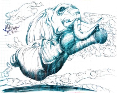 Drawing titled "Elefante volante III" by Mariaceleste Arena, Original Artwork, Ballpoint pen Mounted on Glass