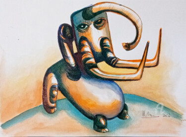 Painting titled "Elephant phone hold…" by Mariaceleste Arena, Original Artwork, Watercolor