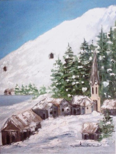 Painting titled "Neve na Aldeia" by Maria Adelina Costa, Original Artwork, Oil