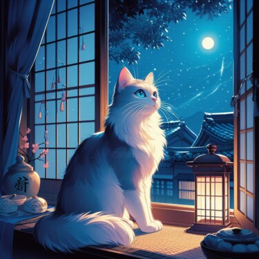 「Cat in the night」というタイトルのデジタルアーツ Marianaによって, オリジナルのアートワーク, AI生成画像