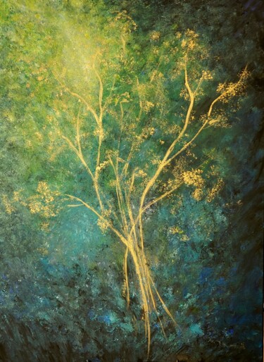Painting titled "Les branches dorées" by Marian Cobos, Original Artwork, Acrylic Mounted on Wood Stretcher frame