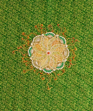 Textilkunst mit dem Titel "Une des mille fleurs" von Marianne Camus, Original-Kunstwerk, Stickerei