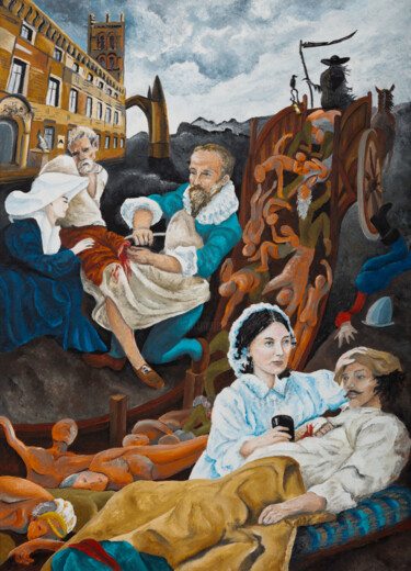 Malerei mit dem Titel "Les soignants" von Marianne Kiciak, Original-Kunstwerk, Öl Auf Holzplatte montiert