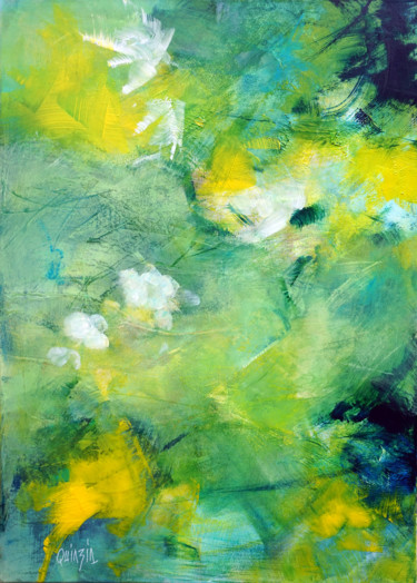Painting titled ""Light green"" by Marianne Quinzin, Original Artwork, Acrylic Mounted on Wood Stretcher frame