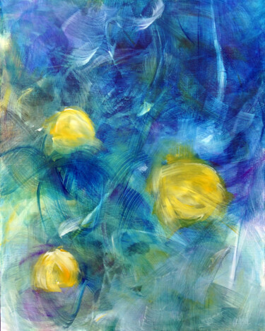 Malarstwo zatytułowany „Trois boutons jaunes” autorstwa Marianne Quinzin, Oryginalna praca, Akryl Zamontowany na Drewniana r…