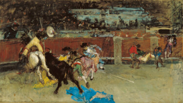 Schilderij getiteld "Bullfight. Wounded…" door Mariano Fortuny, Origineel Kunstwerk, Olie