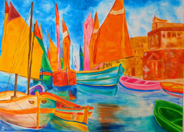 Painting titled "Colors Boats, oil o…" by Maria Sabrina Viviani, Original Artwork, Oil Mounted on Wood Stretcher frame