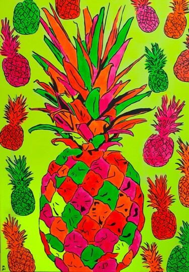Painting titled "FLUO PINEAPPLE" by Maria Sabrina Viviani, Original Artwork, Acrylic Mounted on Wood Stretcher frame