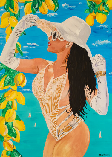 Painting titled "Lemon woman" by Maria Sabrina Viviani, Original Artwork, Acrylic Mounted on Wood Stretcher frame