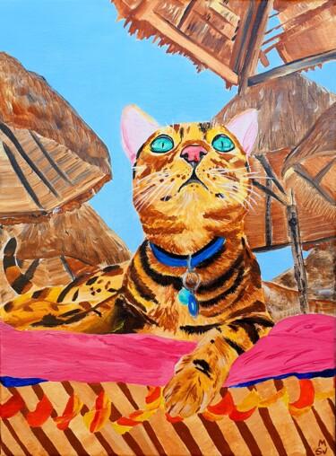 「Cat in Kenya」というタイトルの絵画 Maria Sabrina Vivianiによって, オリジナルのアートワーク, アクリル ウッドストレッチャーフレームにマウント