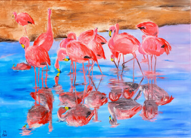 Painting titled "Pink Flamingos" by Maria Sabrina Viviani, Original Artwork, Acrylic Mounted on Wood Stretcher frame