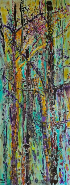 Painting titled "Fête en forêt..." by Marie-Agnès Dubois Lambert, Original Artwork, Acrylic Mounted on Wood Stretcher frame