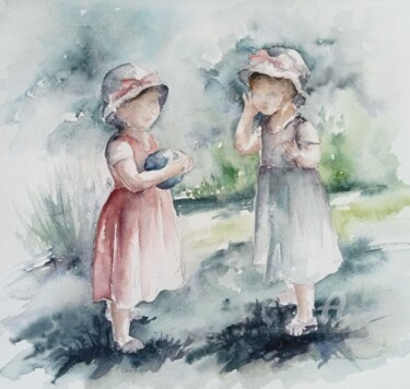 Schilderij getiteld "Les jumelles" door Marie-Charlotte Houpeurt-Chauffeté, Origineel Kunstwerk, Aquarel