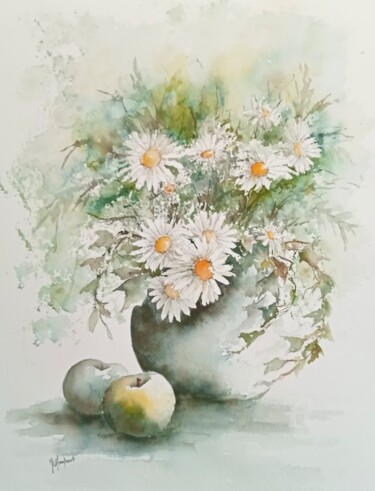 Malarstwo zatytułowany „Vase de marguerite 2” autorstwa Marie-Charlotte Houpeurt-Chauffeté, Oryginalna praca, Akwarela