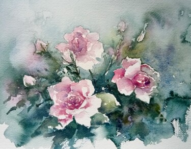 Malerei mit dem Titel "Roses roses" von Marie-Charlotte Houpeurt-Chauffeté, Original-Kunstwerk, Aquarell