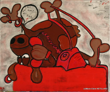 Peinture intitulée "La vache au télépho…" par Marie Claire Netillard, Œuvre d'art originale, Autre