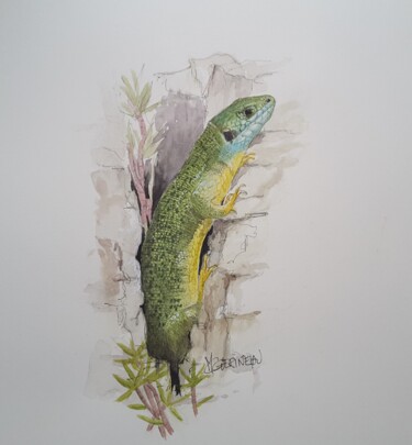 Painting titled "Lézard vert" by Marie-Claude Guérineau, Original Artwork, Watercolor Mounted on Glass