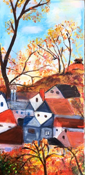 Painting titled "Mon village en roug…" by Marie Claude Lambert, Original Artwork, Acrylic