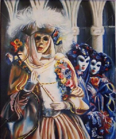 Painting titled "Groupe au masque bl…" by Marie-Claude Lempereur-Laurent, Original Artwork, Oil