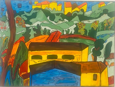 Painting titled "Maisons de Campagne" by Marie Estepa, Original Artwork, Acrylic Mounted on Wood Stretcher frame