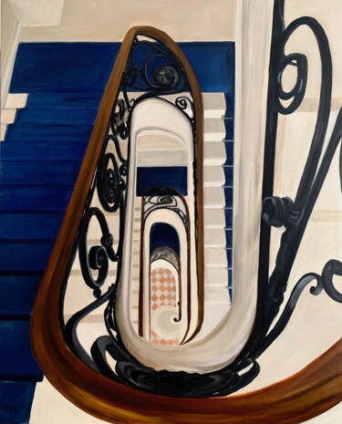 Pittura intitolato "L'escalier Bleu" da Marie France Garrigues, Opera d'arte originale, Olio