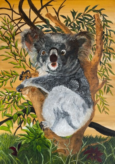 Painting titled "Petit Koala D'amour" by Marie France Saunard (Rêves et couleurs), Original Artwork, Oil Mounted on Wood Str…
