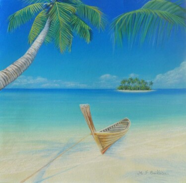 Dessin intitulée "Pirogue sur plage t…" par Marie-Françoise Le Néen, Œuvre d'art originale, Pastel