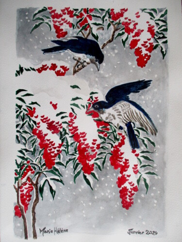 Malerei mit dem Titel "Les oiseaux se cach…" von Bilitis, Original-Kunstwerk, Aquarell