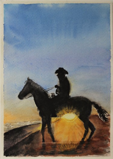 Malarstwo zatytułowany „cow-boy au soleil l…” autorstwa Marie-José Longuet, Oryginalna praca, Akwarela