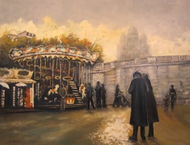 Painting titled "Le carrousel" by Marie Josiane Blachon, Original Artwork, Oil Mounted on Wood Stretcher frame