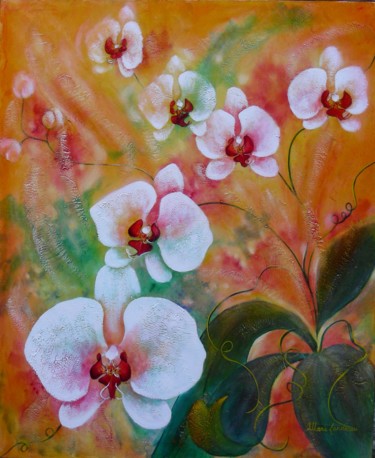 Картина под названием "Orchidées blanches" - Marie Landreau, Подлинное произведение искусства, Масло