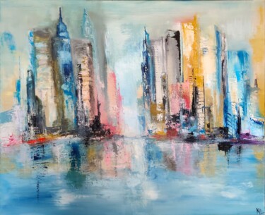 Schilderij getiteld "Big city" door Marie Line Robert, Origineel Kunstwerk, Olie Gemonteerd op Frame voor houten brancard