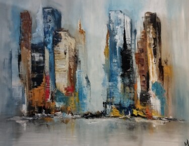 Schilderij getiteld "City" door Marie Line Robert, Origineel Kunstwerk, Olie