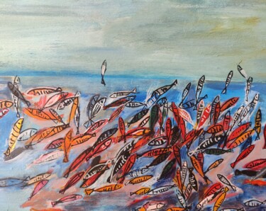 Painting titled "Sardines en fête" by Marie Line Robert, Original Artwork, Acrylic Mounted on Wood Stretcher frame