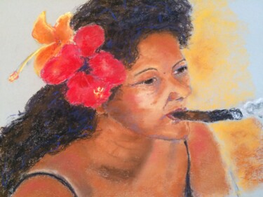 Peinture intitulée "La femme au cigare" par Marie Lorraine Papelier, Œuvre d'art originale, Pastel Monté sur Verre
