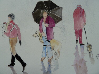 Painting titled "Maîtres et chiens 1" by Marie Lorraine Papelier, Original Artwork, Watercolor