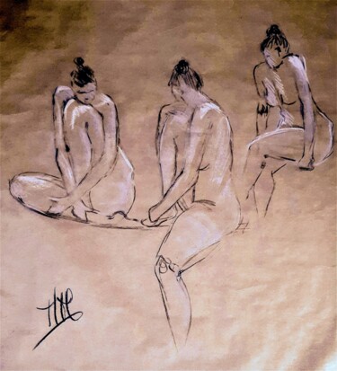 Tekening getiteld "Nu 3 poses" door Marie Pascale Martins, Origineel Kunstwerk, Krijt
