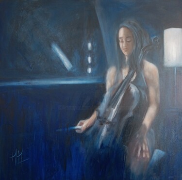 Painting titled "La note bleue" by Marie Pascale Martins, Original Artwork, Oil Mounted on Wood Stretcher frame