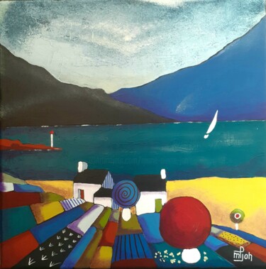 Painting titled "Vue sur le lac 30X30" by Marie-Pierre Jan, Original Artwork, Acrylic Mounted on Wood Stretcher frame