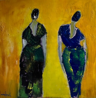 Schilderij getiteld "Duo sur fond jaune" door Marie Rouach, Origineel Kunstwerk, Acryl Gemonteerd op Frame voor houten branc…