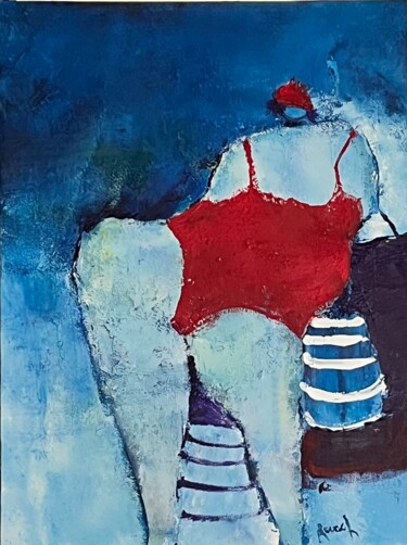 Painting titled "Scène de plage 2" by Marie Rouach, Original Artwork, Acrylic Mounted on Wood Stretcher frame