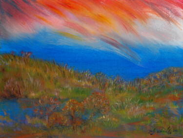 Painting titled "Paysage au ciel rose" by Marie-Sophie Ewreïnoff (Sofi Ewreïnoff), Original Artwork, Acrylic