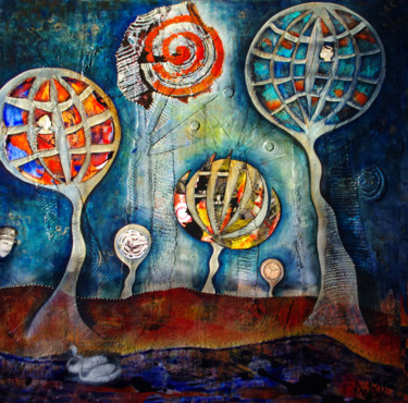 Картина под названием "MAISONS BULLES" - Marie Bazin, Подлинное произведение искусства, Акрил Установлен на Деревянная рама…