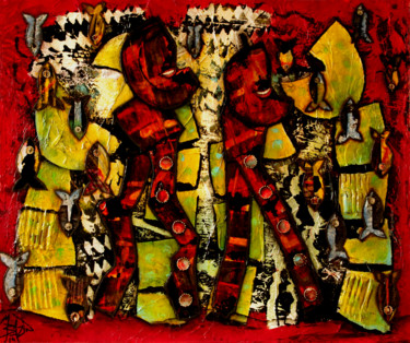 Painting titled "LES ROCKEURS" by Marie Bazin, Original Artwork, Collages Mounted on Wood Stretcher frame