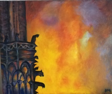 Painting titled "Les flammes de Notr…" by Marie-Claire Marin, Original Artwork, Oil