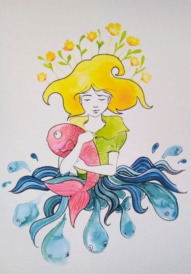 Σχέδιο με τίτλο "Mon poisson rouge" από Marie B., Αυθεντικά έργα τέχνης, Ακουαρέλα