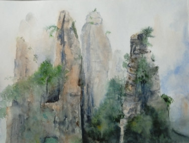 Pittura intitolato "Montagnes chinoises…" da Marie-Françoise Vigreux, Opera d'arte originale, Acquarello