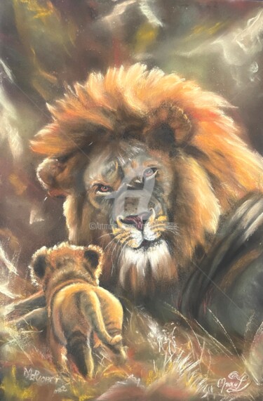 Painting titled "LION ET SON PETIT" by Marie Laplace, Original Artwork, Pastel Mounted on Cardboard