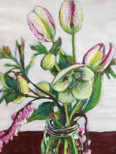 Schilderij getiteld "Tulipes, Hélébores…" door Marielle Robichaud, Origineel Kunstwerk, Acryl