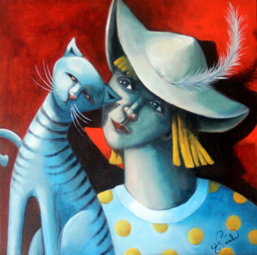 Painting titled "Le chat bleu" by Marie-Noëlle Lapouge, Original Artwork, Acrylic